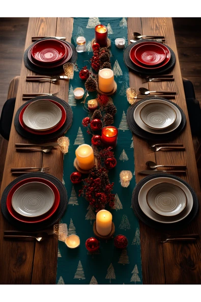 Medi Home Yılbaşı Evergreen Geometry Ağaç Desenli Runner – Açık Yeşil - Resim 9