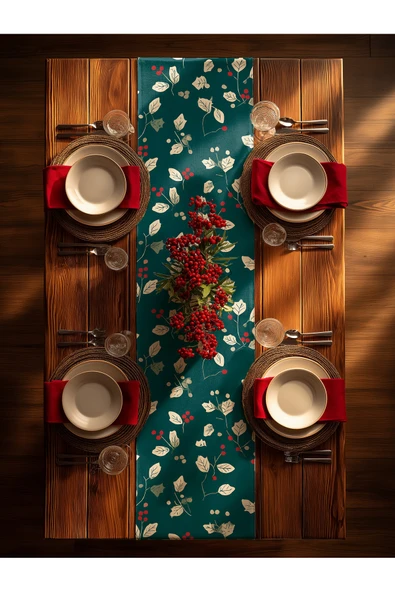 Medi Home Yılbaşı Kırmızı Berry ve Yeşil Yaprak Desenli Runner – Açık Mint Yeşili - Resim 4