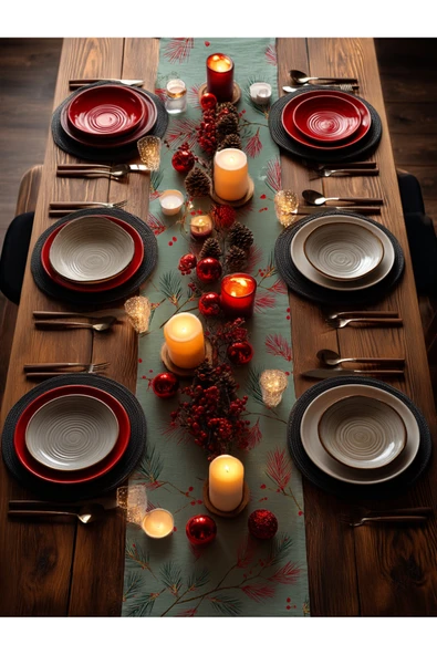 Medi Home Yılbaşı Lacivert Çam Dalı Deseni Runner - Resim 12