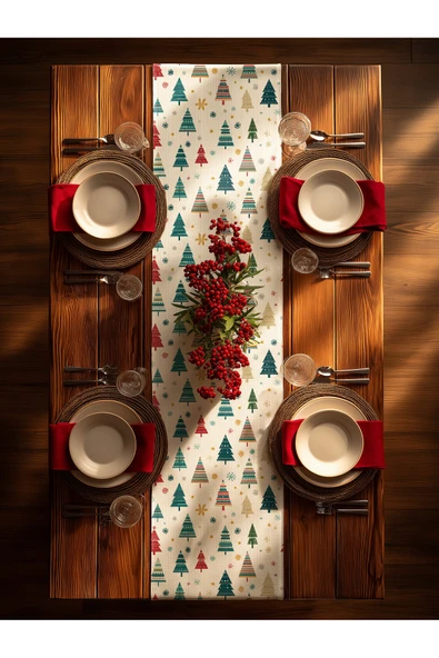 Medi Home Yılbaşı Renkli Çam Ağaçları Deseni Runner ürün görseli 1