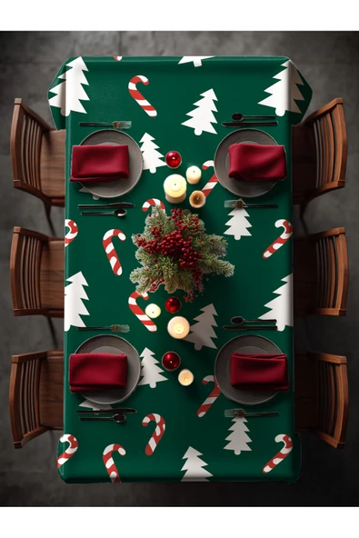 Medi Home Yılbaşı Şeker Baston ve Çam Ağacı Deseni Masa Örtüsü - Resim 3