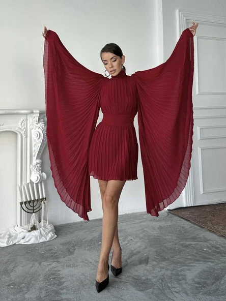 Pileli Pelerin Kollu Midi Elbise - Resim 3