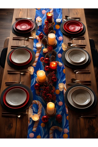 Medi Home Yılbaşı Candy Glow Şeker Kamışı Desenli Runner – Kobalt Mavi - Resim 3