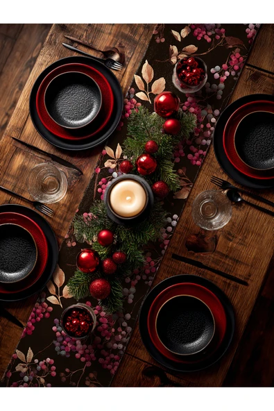 Medi Home Yılbaşı Frosty Berry Kırmızı Meyve ve Mavi Yaprak Desenli Runner – Krem Zemin - Resim 5