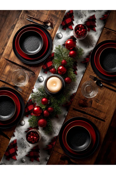 Medi Home Yılbaşı Ekose Ağaç ve Kar Taneleri Runner - Resim 2