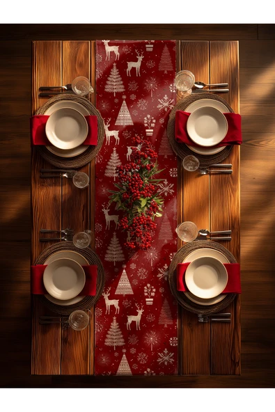 Medi Home Yılbaşı Kırmızı Geyikli Deseni Runner ürün görseli 1