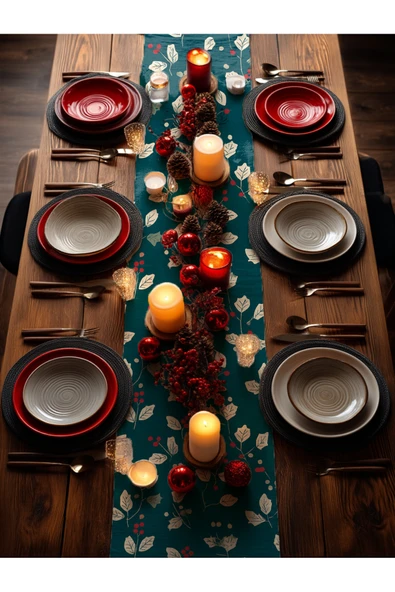 Medi Home Yılbaşı Kırmızı Berry ve Yeşil Yaprak Desenli Runner – Açık Mint Yeşili - Resim 6