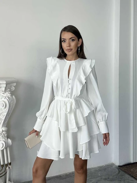 Ekru Fırfır ve Düğme Detaylı Uzun Kollu Katmanlı Mini Elbise - Resim 2