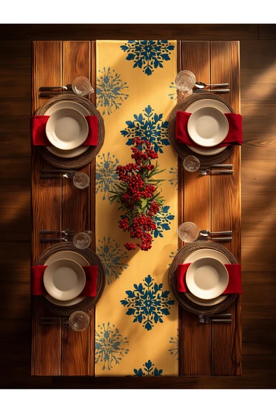 Medi Home Yılbaşı Golden Flake Kar Tanesi Desenli Runner – Hardal Sarı ürün görseli 1