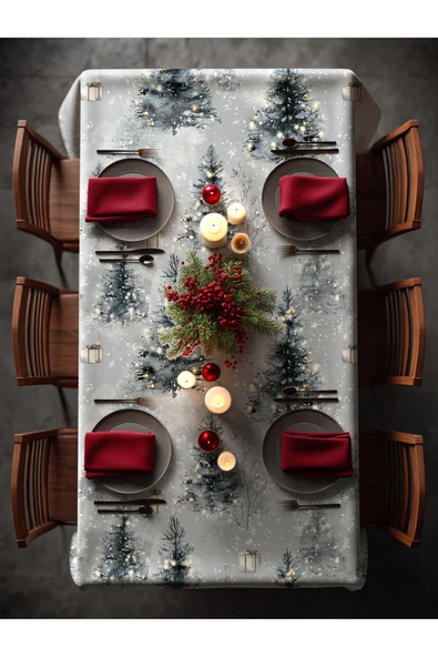 Medi Home Yılbaşı Gümüş Kar Manzarası Deseni Masa Örtüsü - Resim 3