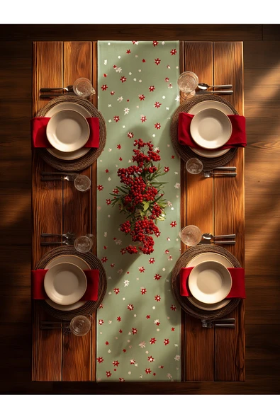 Medi Home Yılbaşı Red Star Mini Desenli Runner – Açık Yeşil ürün görseli 1
