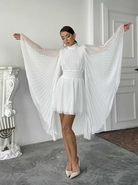 Pileli Pelerin Kollu Midi Elbise - Resim 7