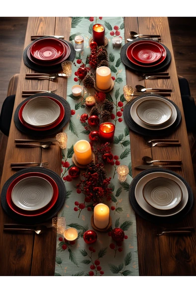 Medi Home Yılbaşı Kırmızı Berry ve Yeşil Yaprak Desenli Runner – Açık Mint Yeşili - Resim 2