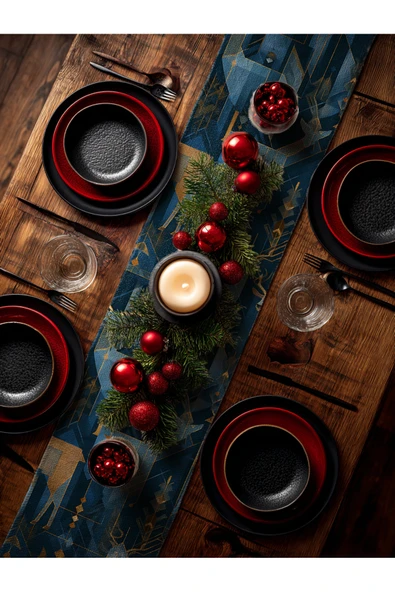 Medi Home Yılbaşı Midnight Majesty Geometrik Geyik Desenli Runner – Lacivert & Altın - Resim 2