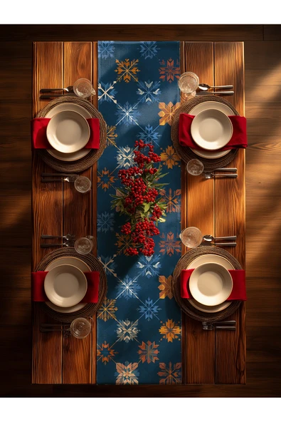 Medi Home Yılbaşı Arctic Bloom Kar Tanesi Desenli Runner – Lacivert ürün görseli 1