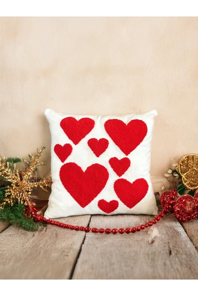 Medi Home Kalp Motifli El Yapımı Panç Kırlent Kılıfı ürün görseli 1