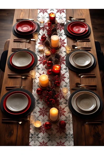 Medi Home Yılbaşı Kırmızı Gri Kar Tanesi Deseni Runner - Resim 3