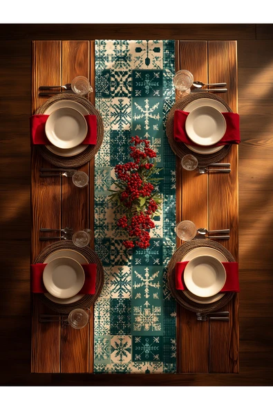 Medi Home Yılbaşı Arctic Bloom Kar Tanesi Desenli Runner – Lacivert - Resim 7