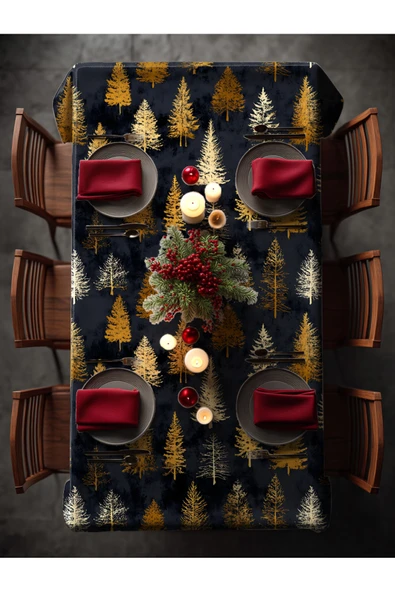 Medi Home Yılbaşı Siyah Altın Çam Ağaçları Deseni Masa Örtüsü - Resim 3