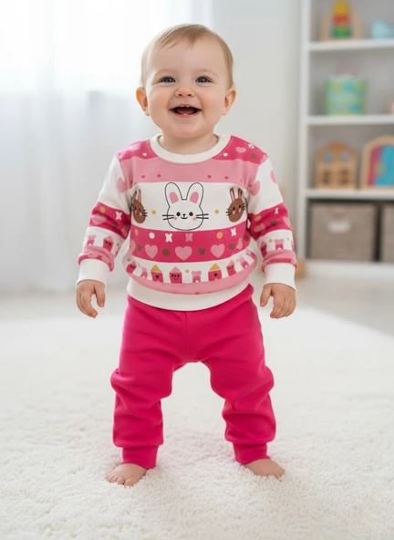Çocuk Unisex Tavşan Baskılı Pamuk Uzun Kollu Mevsimlik Alt Üst Takım - Resim 2
