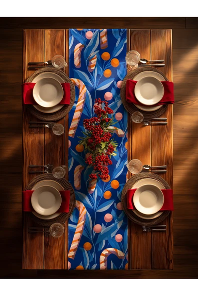 Medi Home Yılbaşı Candy Glow Şeker Kamışı Desenli Runner – Kobalt Mavi ürün görseli 1