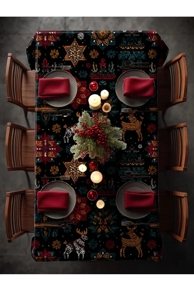 Medi Home Yılbaşı Folk Geyik Deseni Masa Örtüsü - Resim 3