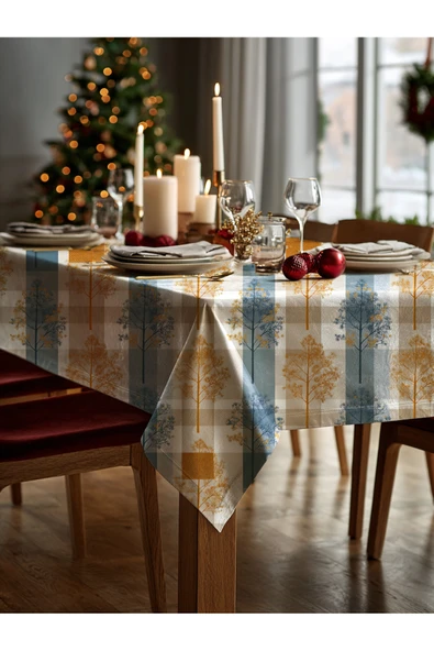 Medi Home Yılbaşı Gri-Sarı Ağaç Deseni Masa Örtüsü - Resim 3