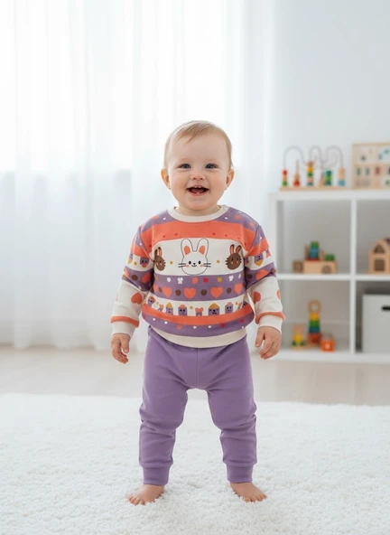 Çocuk Unisex Tavşan Baskılı Pamuk Uzun Kollu Mevsimlik Alt Üst Takım - Resim 7