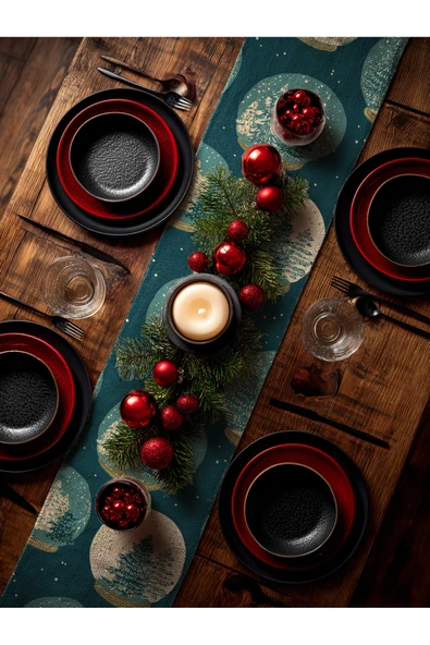 Medi Home Yılbaşı Festive Globe Kırmızı Yeşil Kar Küresi Desenli Runner – Zeytin Yeşili - Resim 5