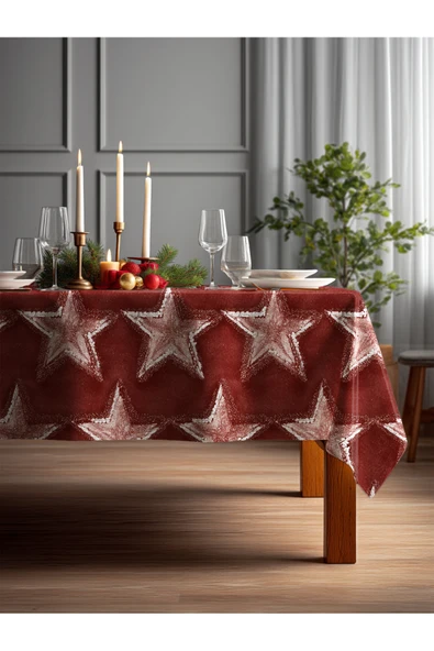 Medi Home Yılbaşı Kırmızı Yıldız Parıltısı Deseni Masa Örtüsü ürün görseli 1