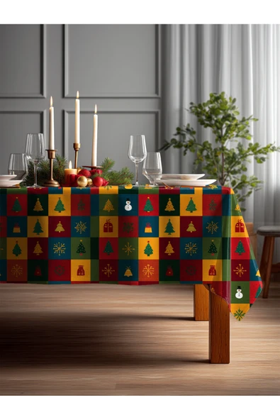 Medi Home Yılbaşı Renkli Kareli Noel Deseni Masa Örtüsü ürün görseli 1