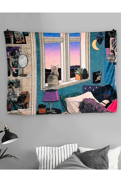 Trendimsin Oturan Kedi Duvar Halısı Duvar Örtüsü Tapestry ürün görseli 1