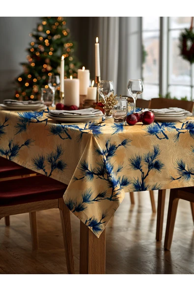 Medi Home Yılbaşı Mavi Çam Dalı Deseni Masa Örtüsü - Resim 2