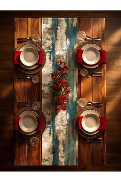 Medi Home Yılbaşı Coastal Mist Soyut Fırça Desenli Runner – Bej & Mavi Tonları ürün görseli 1