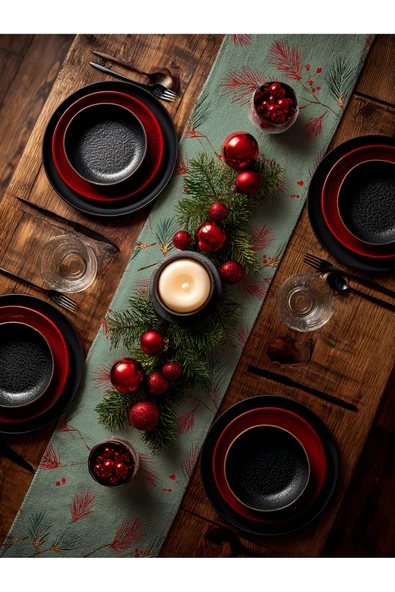 Medi Home Yılbaşı Lacivert Çam Dalı Deseni Runner - Resim 11