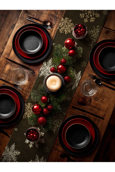 Medi Home Yılbaşı Golden Flake Kar Tanesi Desenli Runner – Hardal Sarı - Resim 8