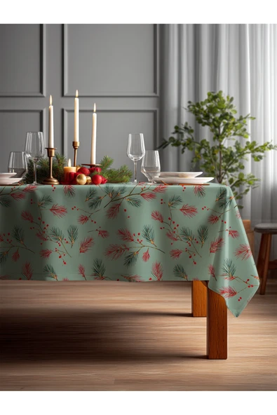 Medi Home Yılbaşı Çam Dalı ve Kırmızı Meyve Deseni Masa Örtüsü ürün görseli 1