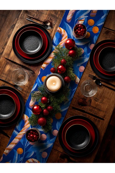 Medi Home Yılbaşı Candy Glow Şeker Kamışı Desenli Runner – Kobalt Mavi - Resim 2