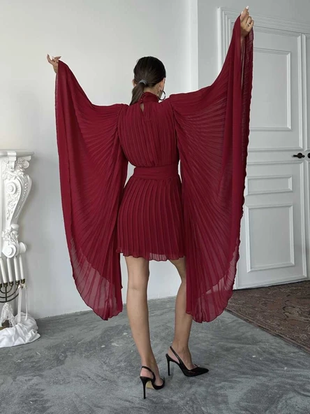 Pileli Pelerin Kollu Midi Elbise - Resim 4