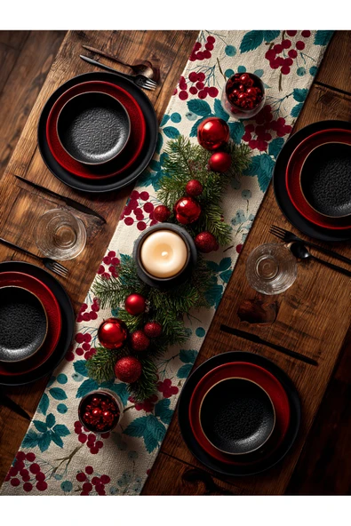 Medi Home Yılbaşı Frosty Berry Kırmızı Meyve ve Mavi Yaprak Desenli Runner – Krem Zemin - Resim 11