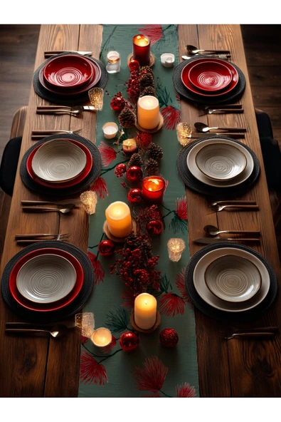 Medi Home Yılbaşı Indigo Breeze Fırça Desenli Çam Dalı Runner – Mavi & Bej - Resim 5