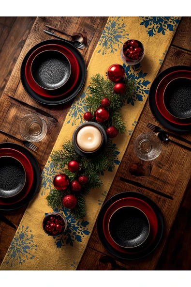 Medi Home Yılbaşı Golden Flake Kar Tanesi Desenli Runner – Hardal Sarı - Resim 2