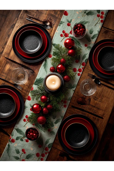 Medi Home Yılbaşı Kırmızı Berry ve Yeşil Yaprak Desenli Runner – Açık Mint Yeşili ürün görseli 1