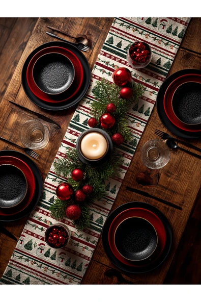 Medi Home Yılbaşı Kardan Adamlı Nordic Deseni Runner - Resim 2