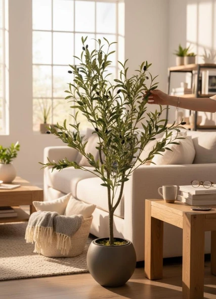 Yapay Zeytin Ağacı Mokka Küre Saksıda 120cm Doğal Görünümlü Yapay Ağaç - Resim 3