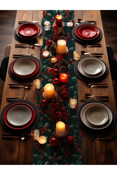 Medi Home Yılbaşı Frosty Berry Kırmızı Meyve ve Mavi Yaprak Desenli Runner – Krem Zemin - Resim 3