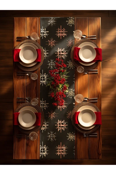 Medi Home Yılbaşı Arctic Bloom Kar Tanesi Desenli Runner – Lacivert - Resim 4