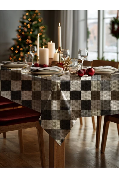 Medi Home Yılbaşı Bej Siyah Örgü Kare Deseni Masa Örtüsü - Resim 3