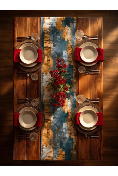 Medi Home Yılbaşı Coastal Mist Soyut Fırça Desenli Runner – Bej & Mavi Tonları - Resim 6