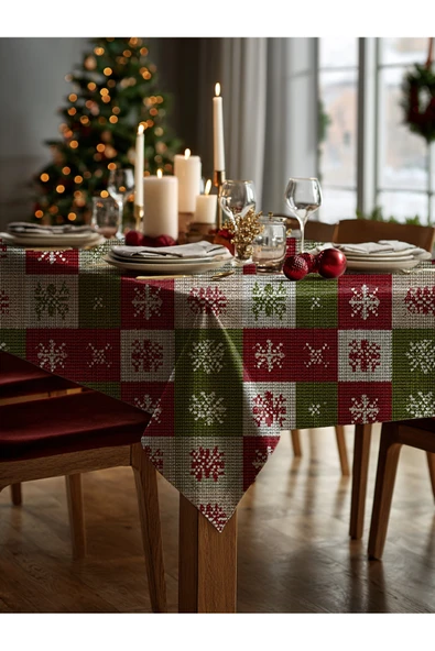 Medi Home Yılbaşı Kırmızı Yeşil Kar Taneli Örgü Deseni Masa Örtüsü - Resim 2